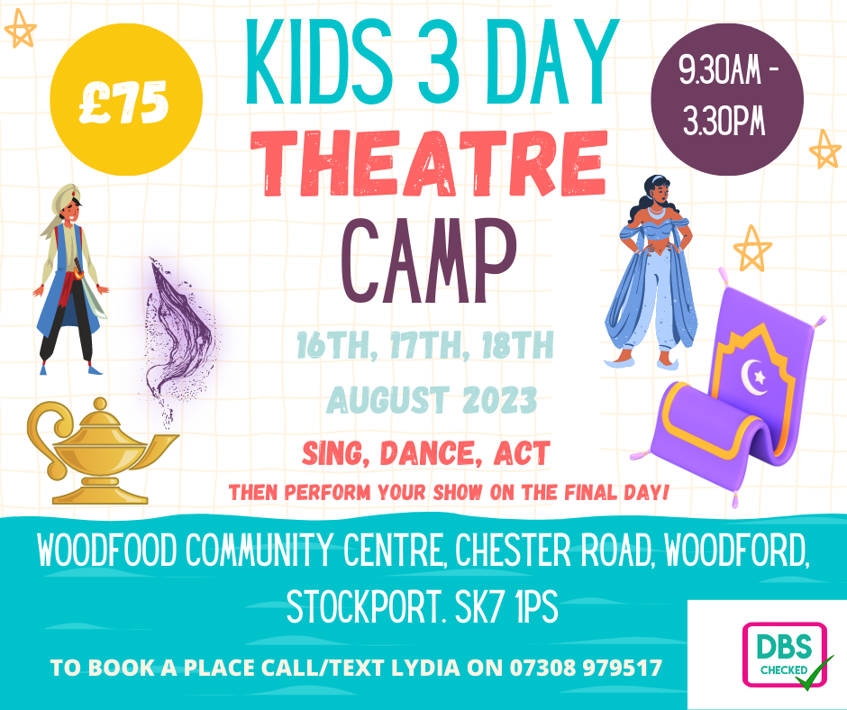 All on Stage Kids Theatre Bootcamp Flier - Aladin, Woodford Community Centre Stockport SK7 August 2023